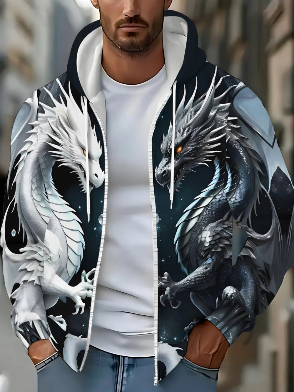 Men's Dragon Print Zipper Hoodie Outdoor Activities Travel Drawstring Long Sleeve Hoodies Autumn Winter Oversize Man Sweatshirts