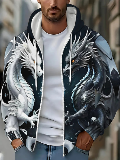 Men's Dragon Print Zipper Hoodie Outdoor Activities Travel Drawstring Long Sleeve Hoodies Autumn Winter Oversize Man Sweatshirts