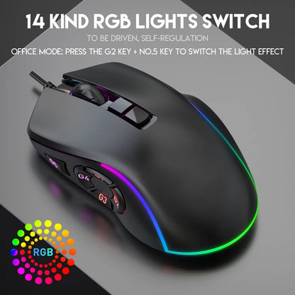 Mouse de birou pentru gaming cu fir 7200DPI, iluminare RGB, 6 niveluri DPI ajustabile/10 butoane programabile/buton de revenire la desktop