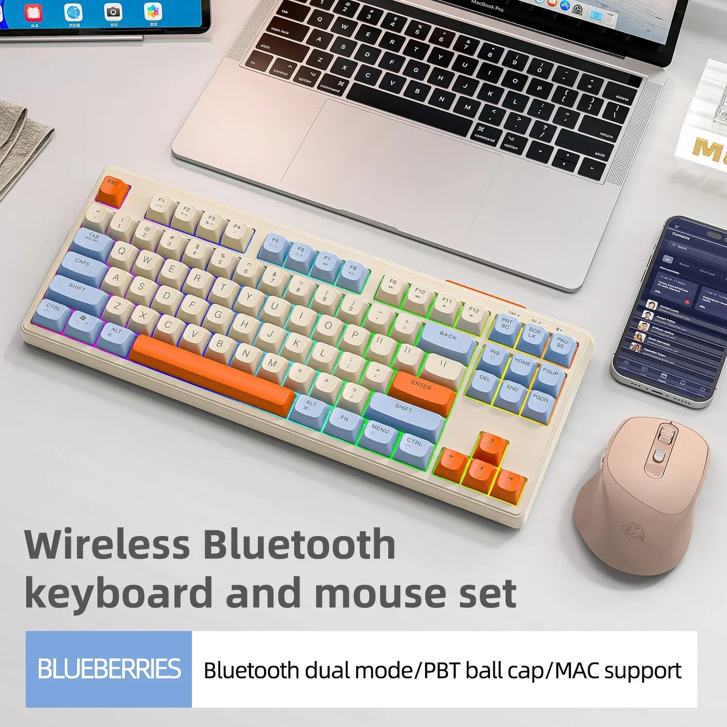 Teclado M87 inalámbrico Bluetooth de doble modo, sensación mecánica, gaming y oficina, silencioso, teclas esféricas PBT, luz arcoíris