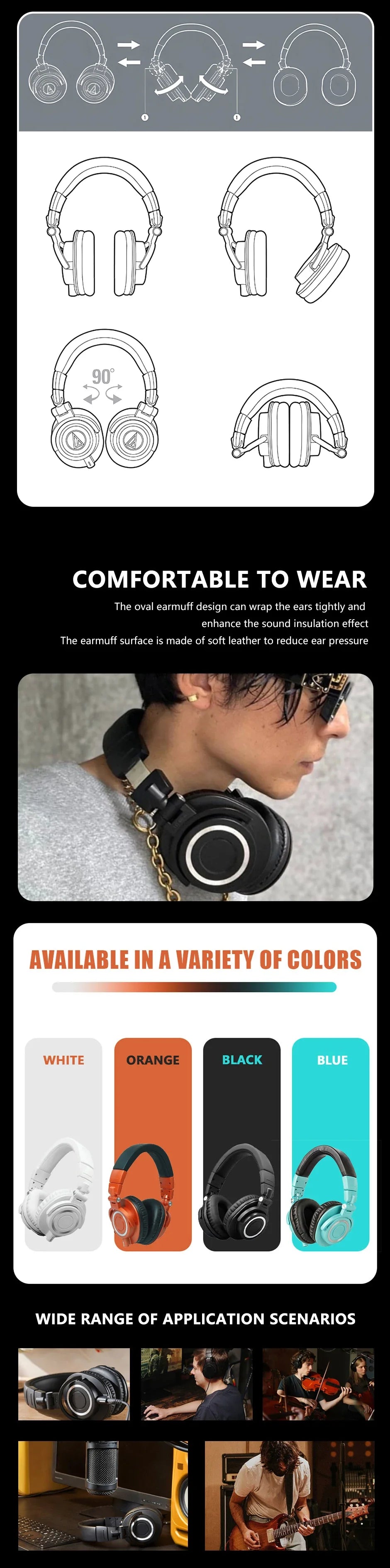 Sanpusen ATH M50X Over-Ear Wired Headphones Professional Monitor Studio Recording Mixing Monitoring HiFi Sound