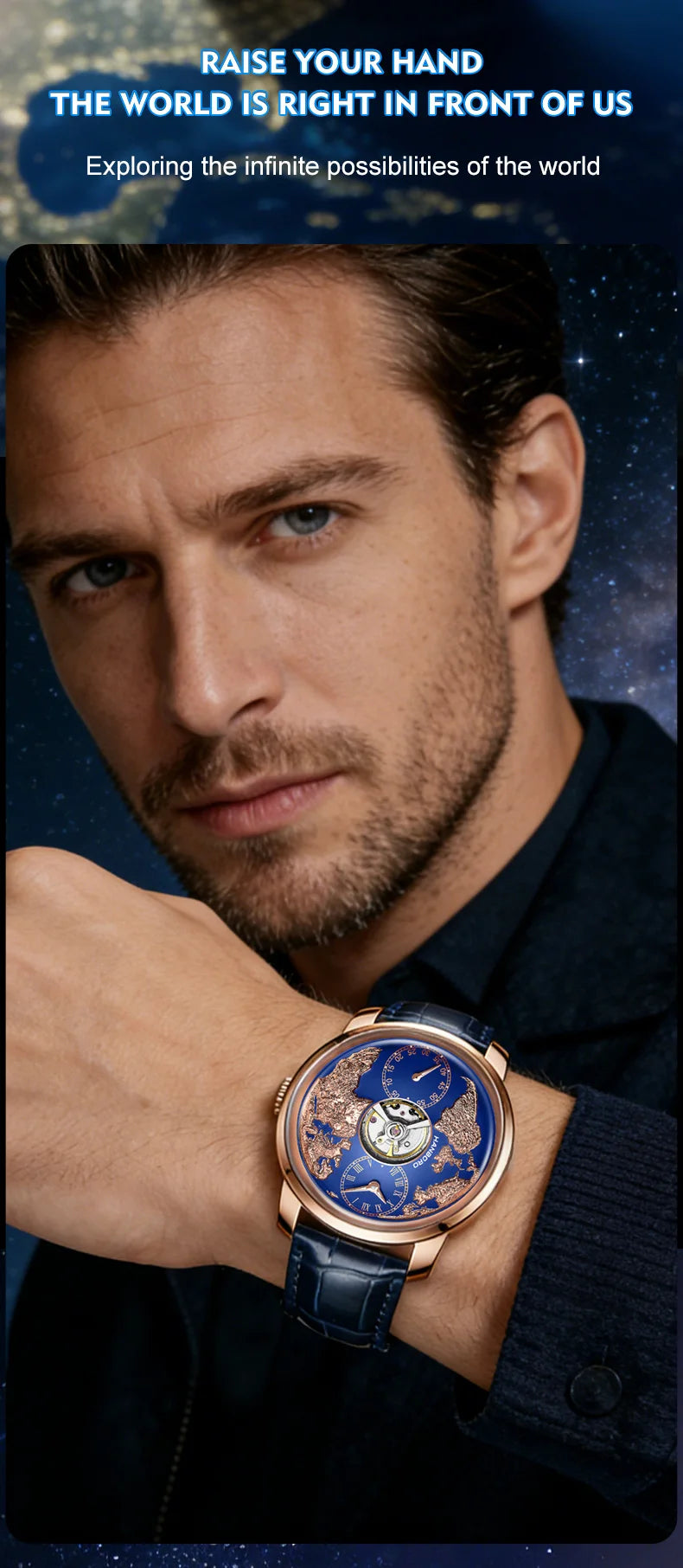 HANBORO World Time Series Men's Fully Automatic Mechanical Watch with Hollow Flywheel World Earth Personality Watch 1026