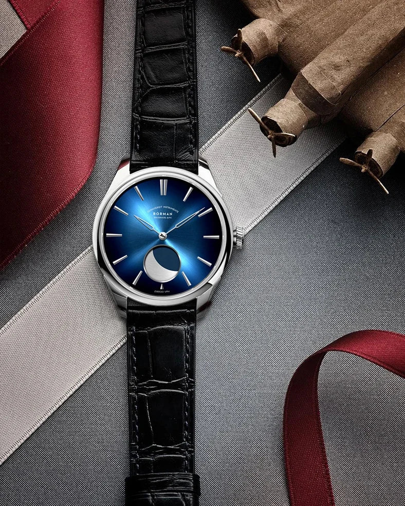 Borman Men's Automatic Watches, Luxury Moon Phase Mechanical Wristwatch, Fashionable 50M Waterproof with Sapphire Leather Strap