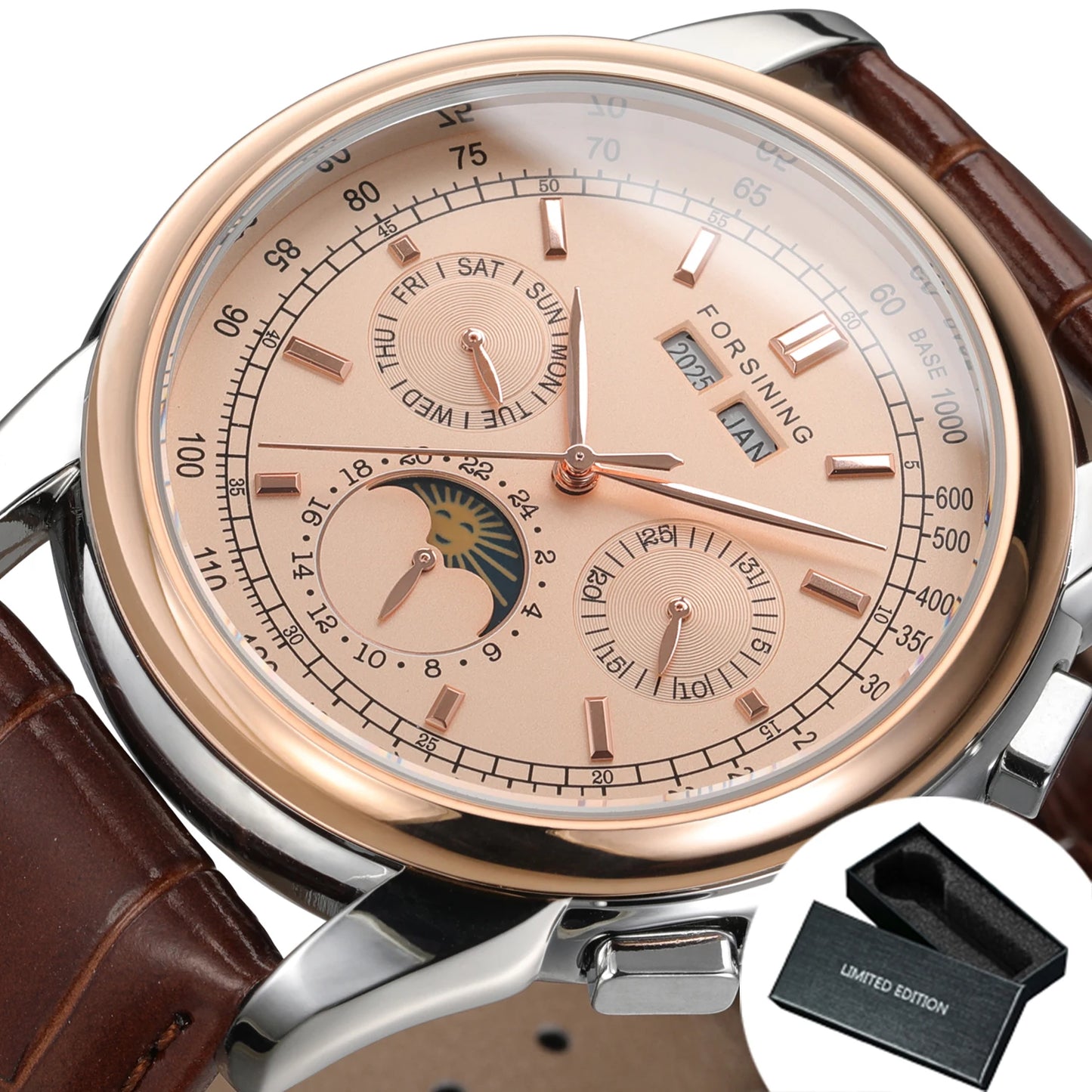 Forsining Retro Mechancial Watches Moon Phase Shanghai Movement Rose Gold Case Brown Leather Strap Luxury Automatic Mens Watch