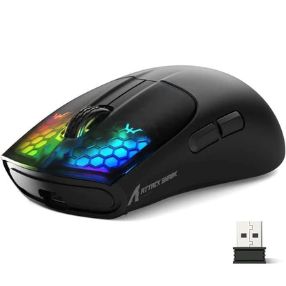 ATTACK SHARK X5 belaidė pelė, lengva, trijų režimų jungtis 2.4GHz / laidinė / Bluetooth, RGB makro žaidimų pelė