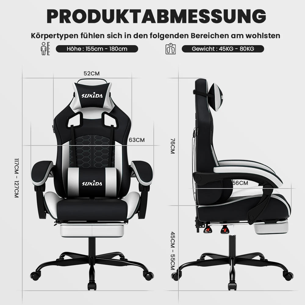 SUKIDA Ergonomic Racing Gaming Chair Adjustable Swivel with Headrest and Lumbar Support for Office and Gaming
