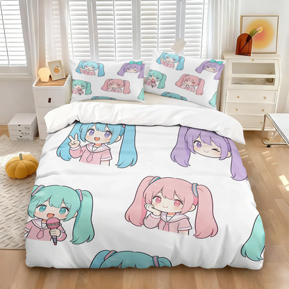 Hatsune Miku Chibi Style påslakanset – Söt anime-sängklädsel med örngott – Spelrum – Tonåringars och barns sovrumsinredning – Present till fans