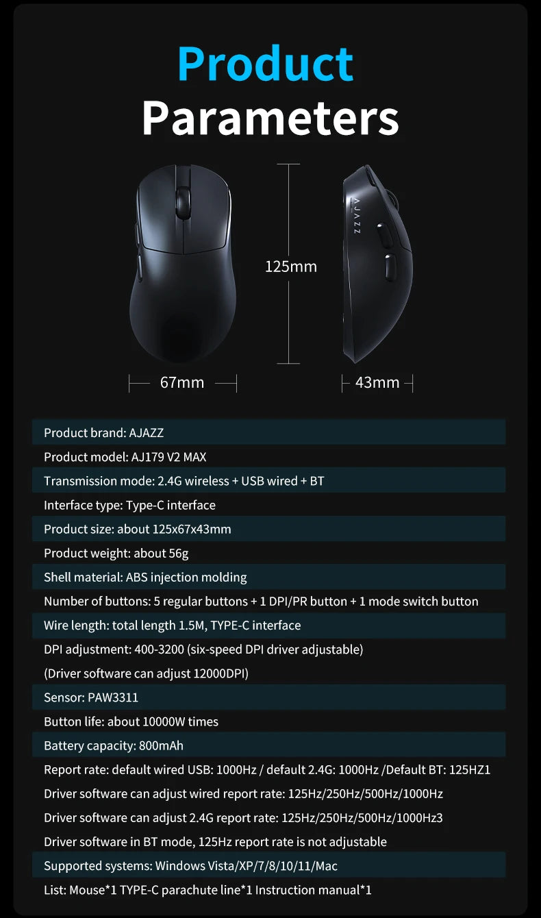 AJAZZ AJ179 V2 MAX tro-načinski miš za dešnjake, lagan 56g, senzor PAW3311, Huanuo Micro Switch, TelinkMicrochip