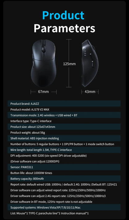 AJAZZ AJ179 V2 MAX tro-načinski miš za dešnjake, lagan 56g, senzor PAW3311, Huanuo Micro Switch, TelinkMicrochip