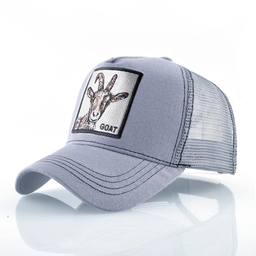 Gorras trucker de moda con parche bordado de cabra, snapback para las cuatro estaciones, gorra de béisbol para hombre y mujer con visera ajustable