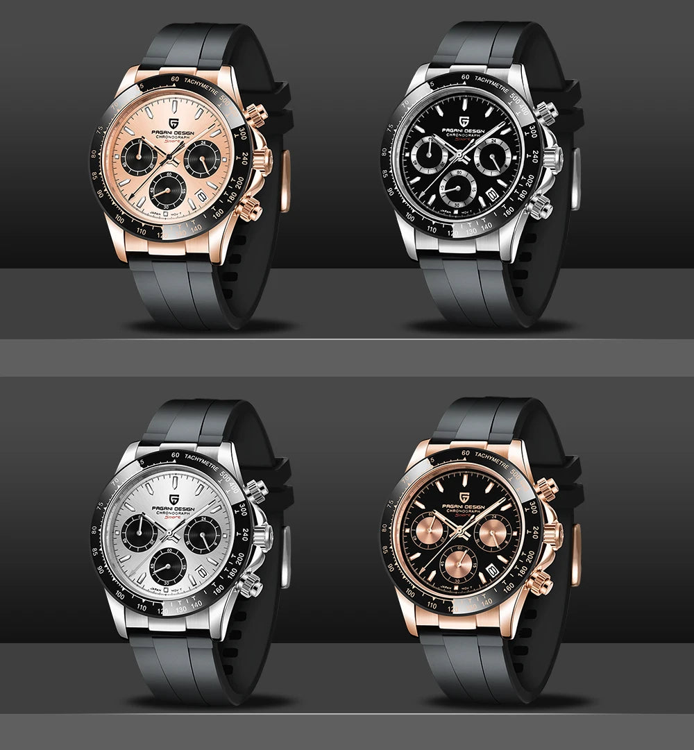 PAGANI DESIGN 1664 Luxury Automatic Mechanical Men's Watch VK63 movement AR Sapphire Crystal Rubber 100m Waterproof Men's Watch