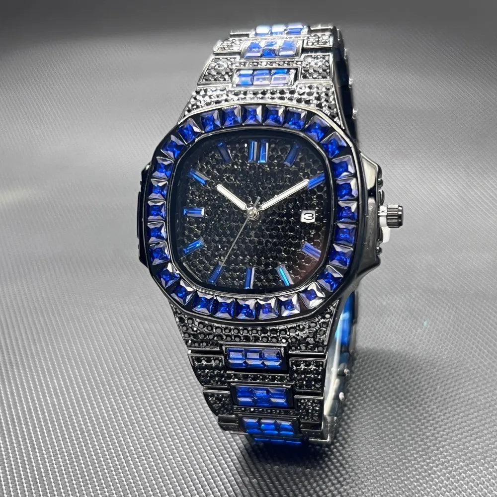 MISSFOX Luxury Watch For Men Rose Iced Out Diamond Hip Hop Quartz Waterproof Clock Men Square Diamond Male Watch 2026 New