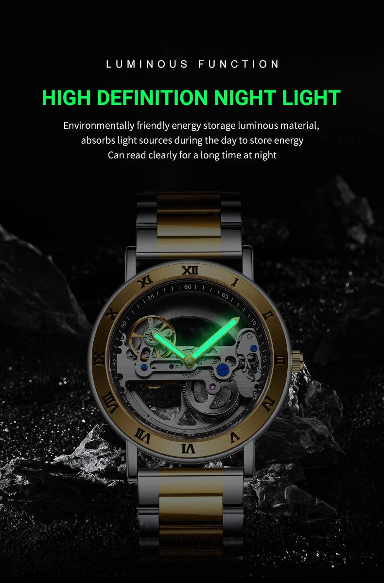 AKDPN Men's Watches Automatic Mechanical Stainless Steel Men's Wrist Watch Skeleton Automatic Watches for Man Watch Montre Homme