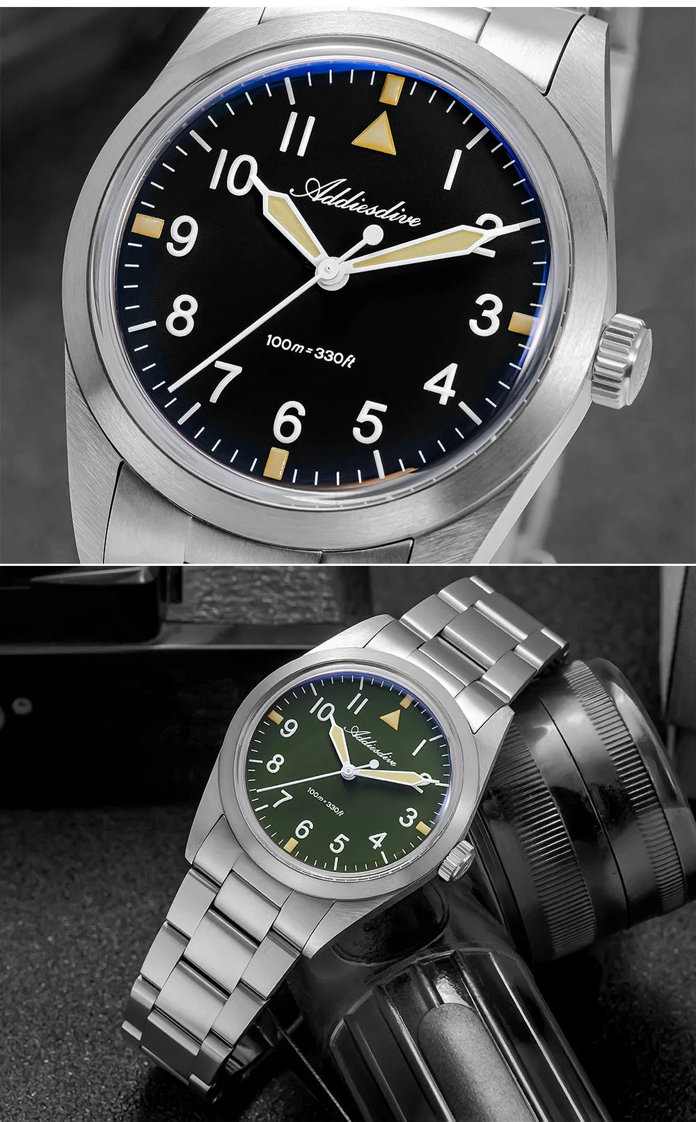 ADDIESDIVE 36mm AD2502 Watch for Men 100M Waterproof Titanium Alloy VH31 Movement Bubble Mirror Glass Luminous Quartz Watches
