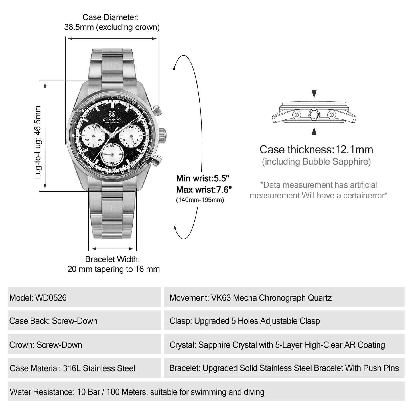 Watchdives Premier WD0526 Men Watch VK63 Mecha Chronograph Quartz Watches Sapphire Waterproof 316L Stainless Steel Wristwatch