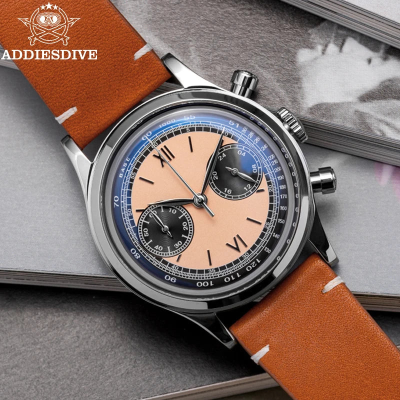 ADDIESDIVE AD2037 Men Quartz Watch Multifunctional 24 Hour Chronograph Black Dial Leather Watches  100m Dive Business Wristwatch