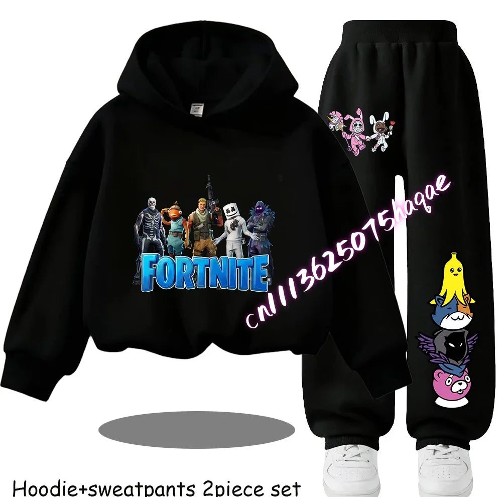Fortnite Printed Children's Hoodies Cartoon Comfortable 2pcs Suit Loose Long Sleeve Tops with Pants Autumn Winter Clothes Gift