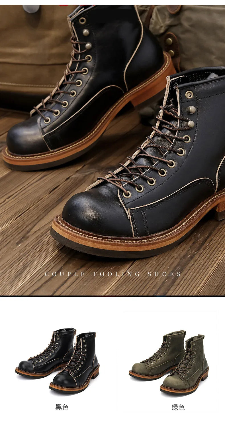 KOWM Cowhide Hiking Shoes Men's Walking Boot British Trekking Shoes Thick-Soled Cowhide High-Top Motorcycle Boots Ankle Sneakers