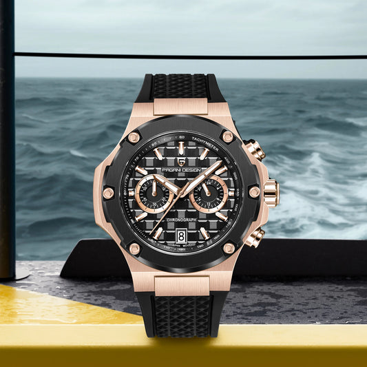 PAGANI DESIGN Men's Watches Luxury Rose Gold Sport Chronograph Japan VK64 Quartz Watch For Men Fluororubber Strap Wristwatch Men