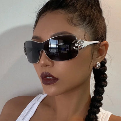 Luxury Rhinestone Punk Oversized One - Piece Frame Y2K Women's Sunglasses Trendy Brand Summer Men Sunglass Travel  Eyewear UV400