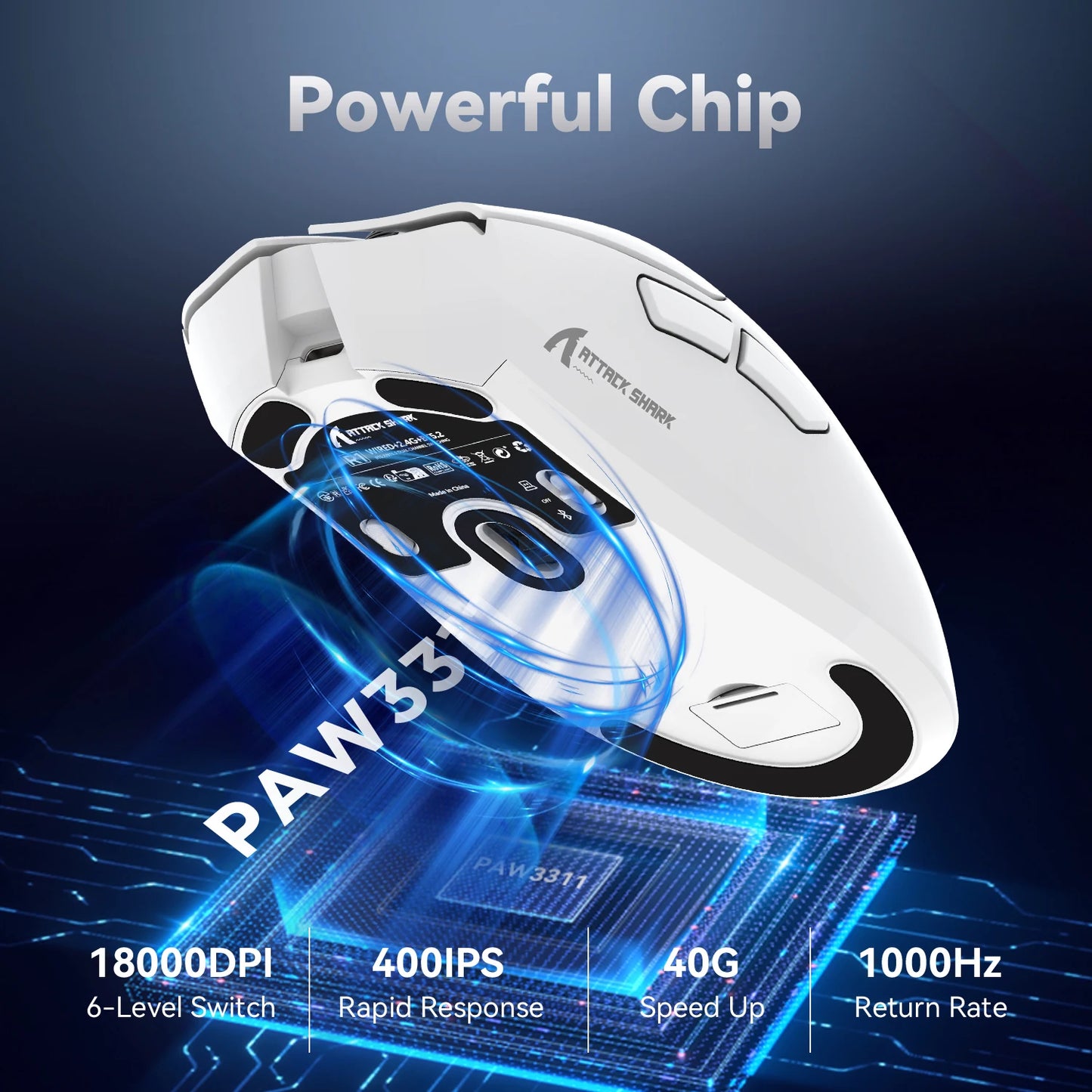 Rato Gaming Tri-Mode ATTACK SHARK R1, Sensor PixArt PAW3311, 18000 DPI, 1000hz, ultraleve de 59g para mãos grandes, para PC/Mac