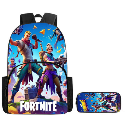 Fortnite Cartoon Backpack with Front Pocket & Pencil Case 2PCS - School Set for Boys Girls Age 5-8, Back to School Gift