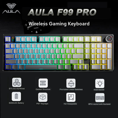 Teclado Mecânico Gaming E-sports AULA F99 Pro Três Modos RGB Hot Swappable 96% PBT Personalizado Sem Fios com Botão Medi