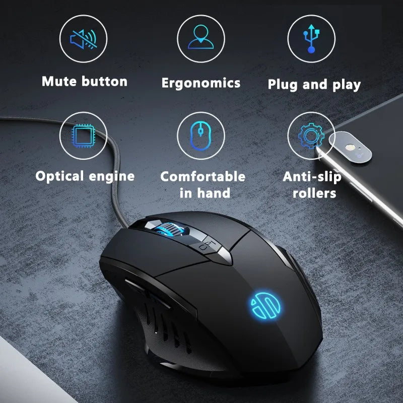 Drátová myš Inphic W1 – e-sportovní herní myš, tichá kancelářská myš, volitelně se třemi nebo šesti tlačítky