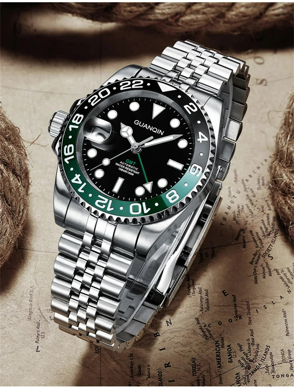 GUANQIN GMT Herrenuhren 2025 Neue Automatikuhr für Herren NH34 Mechanische Armbanduhr Saphirglas Edelstahlgehäuse Linkshänder