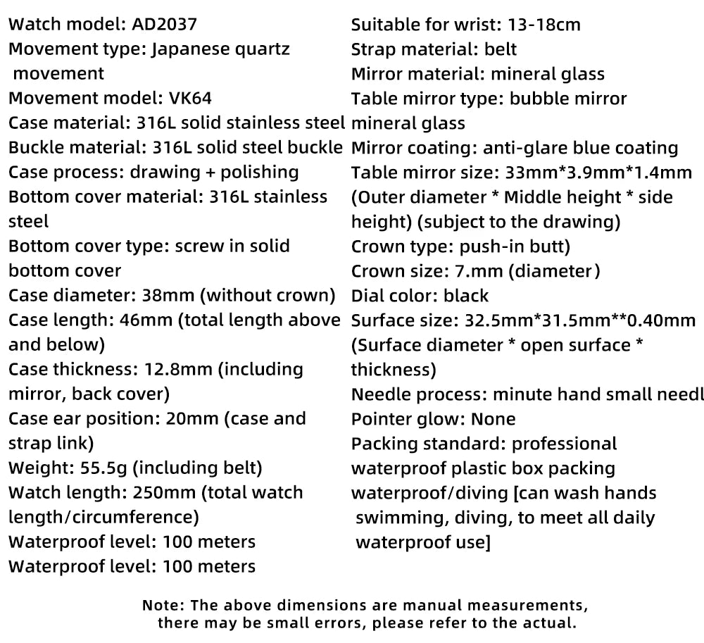 ADDIESDIVE AD2037 Men Quartz Watch Multifunctional 24 Hour Chronograph Black Dial Leather Watches  100m Dive Business Wristwatch