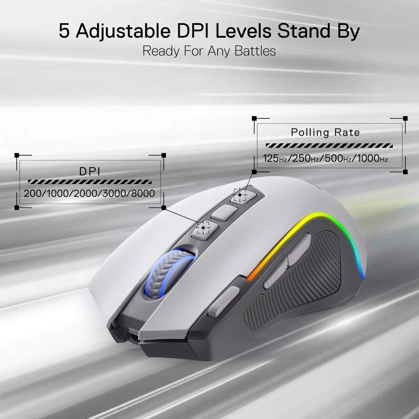 Redragon M612 PRO RGB BT 2.4G Gaming Gamer Mouse, 8000 DPI Wireless Optical 9 Programmable Buttons 7 Backlit Modes, B