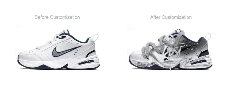 Personalizované tenisky Nike Air Monarch 4 s dekonstruovaným designem ve stylu rozstříknutého inkoustu, protiskluzové, odolné proti opotřebení, nízké unisex běžecké boty