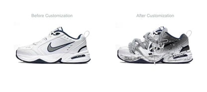 Personalizované tenisky Nike Air Monarch 4 s dekonstruovaným designem ve stylu rozstříknutého inkoustu, protiskluzové, odolné proti opotřebení, nízké unisex běžecké boty
