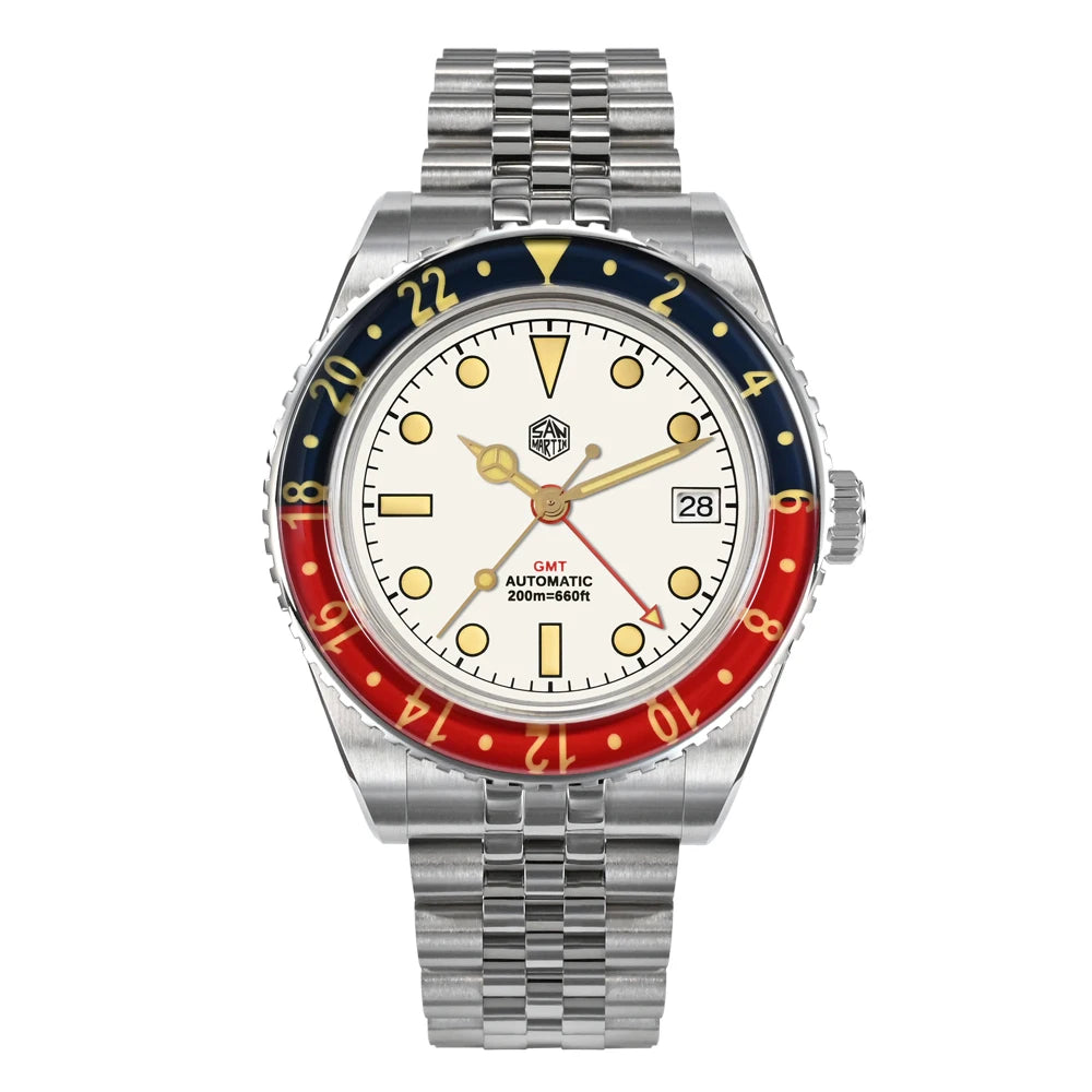 San Martin 40mm SN0005 Retro GMT NH34 Automatic Distressed Patina Dial Bi-color Sapphire Bezel Jubilee Mens Watches 20Bar Lume