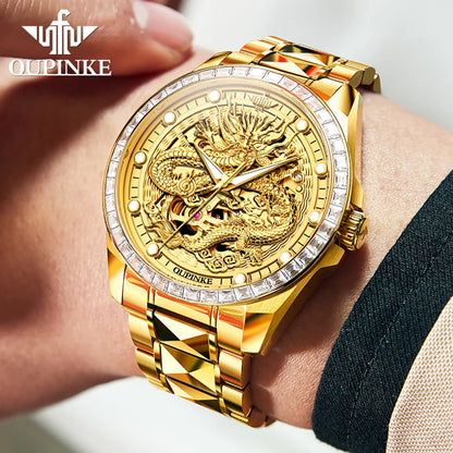 OUPINKE Herrenarmbanduhr, Top-Marke, Luxus, Gold, Wolframstahl, originale automatische mechanische Armbanduhr mit Zifferblatt im Drachenmuster