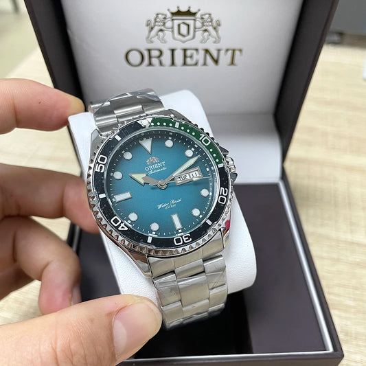 Orient Men's 200M Waterproof Automatic Dive Watch Dial Stainless Steel Bracelet Day Date Self-Winding Luminous Wristwatch