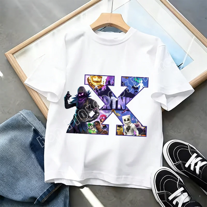 Fortnite A-Z Alphabet Print T-Shirt Summer Kids White Clothing Popular Cartoon Game T-Shirt Fashion Casual Short Sleeve Top Gift