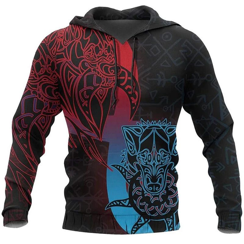 2024 Mens Hoodies Eagle Tattoo Pattern Vikings 3D Printed Fashion Casual Harajuku Hip Hop Autumn And Winter Oversized Sudaderas