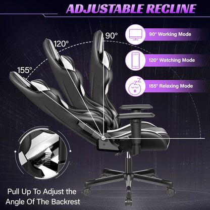 Ergonomic Gaming Chair Black & White Racing Style Office Chair with Adjustable Armrests, 155° Reclining, Swivel Computer Gaming Chair
