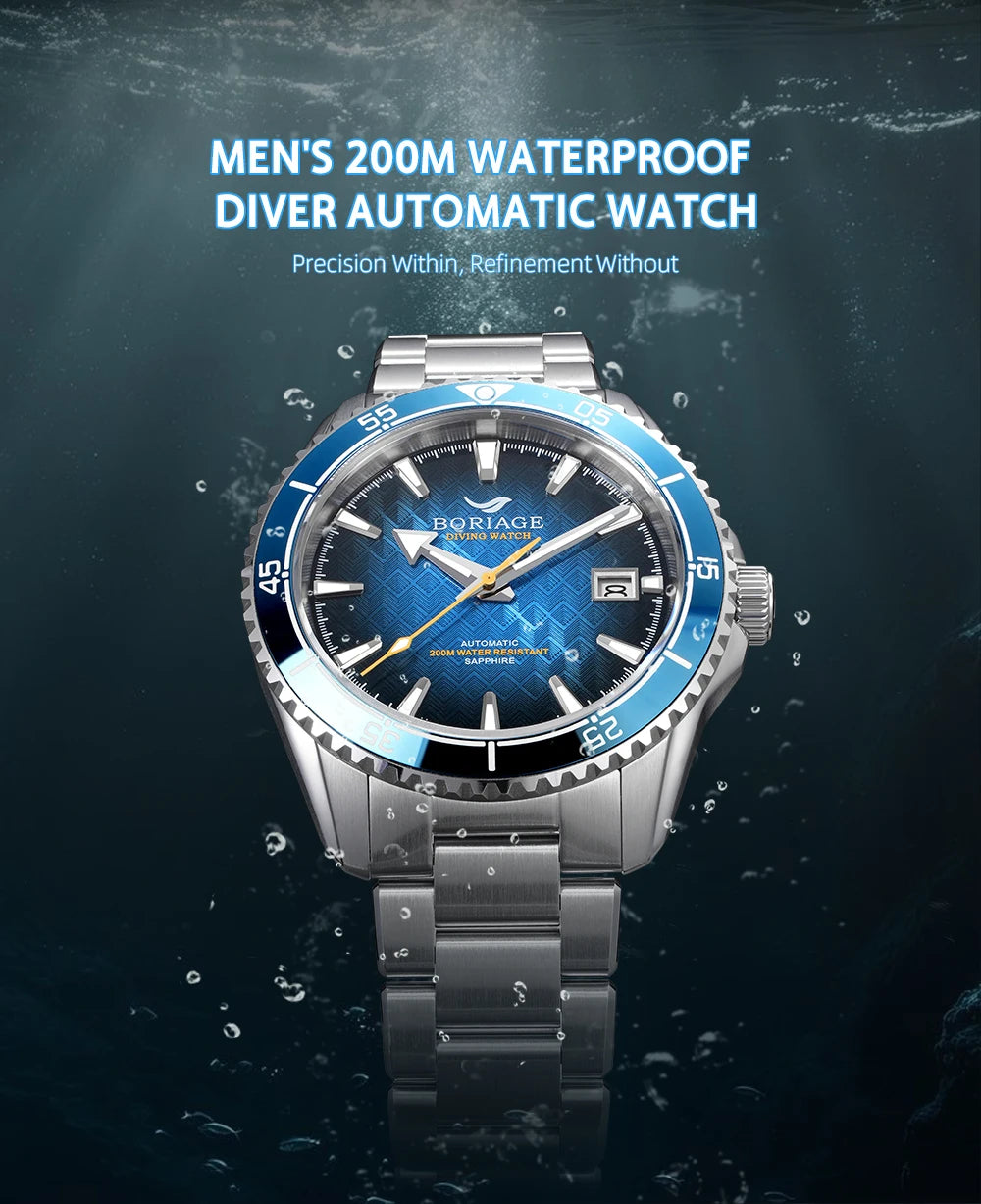 BORIAGE Fully automatic mechanical diving watch, 200m Water Resistance Miyuda 9015 movement men's watch
