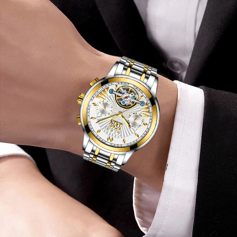 LIGE men’s automatic mechanical wristwatches – High-end luxury watch with a tourbillon, an elegant and water-resistant model, ideal for work or formal occasions.