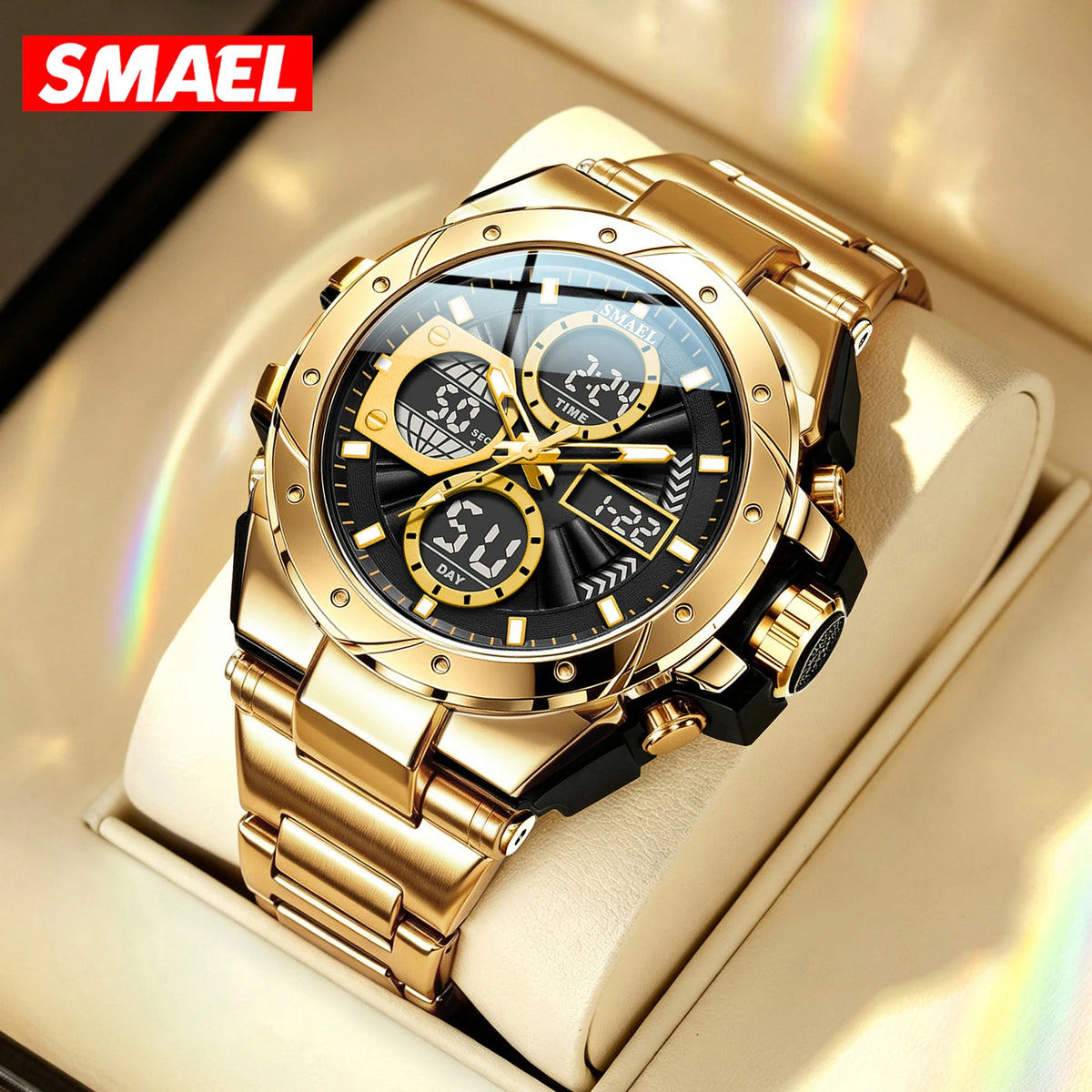 SMAEL 8160 Men’s Watch – Military-style sports model, analogue and digital, stainless steel – Water-resistant, with LED display, alarm, chronograph and stopwatch