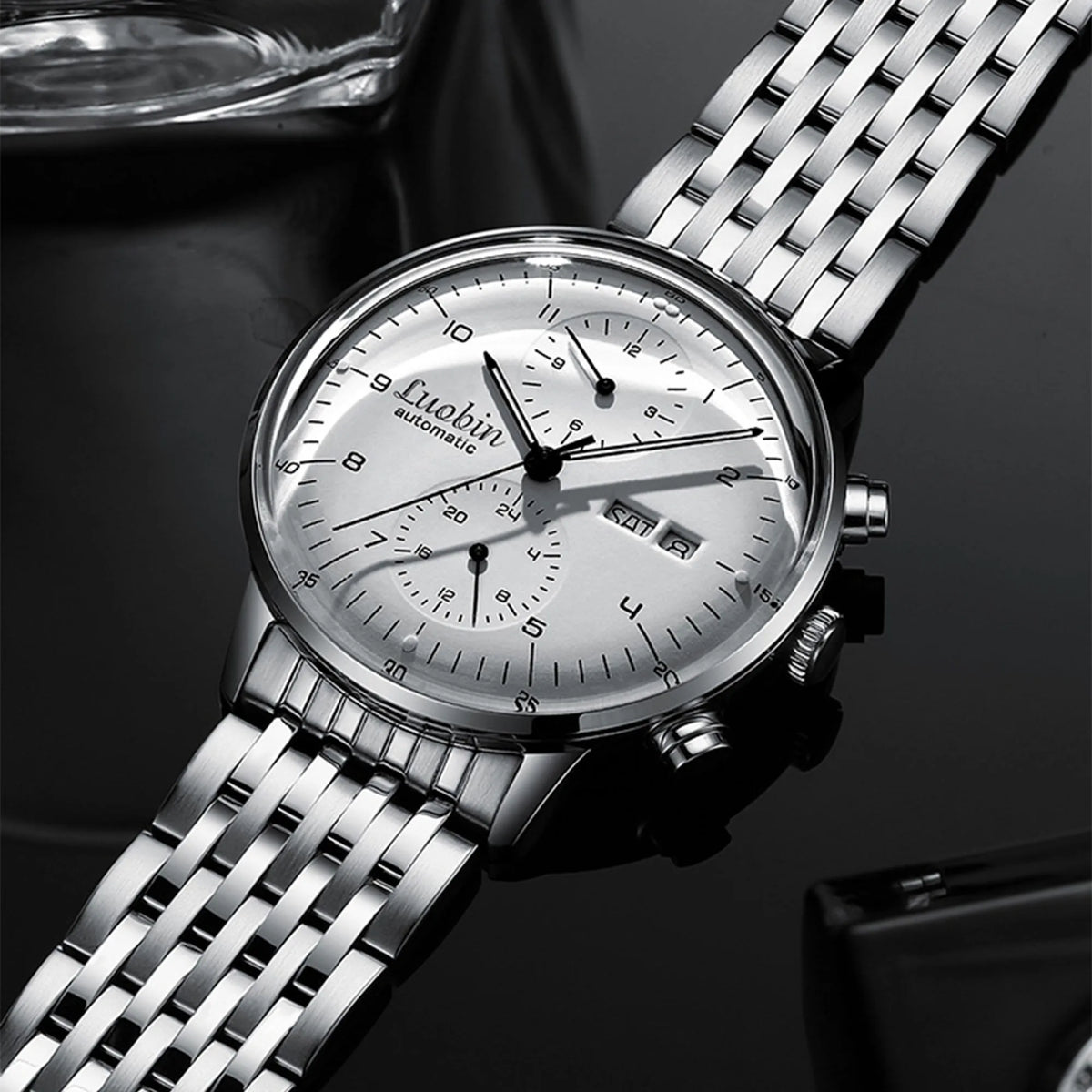 Men's Business Watch Mechanical Movement Multifunction Chronograph Stainless Steel Waterproof Automatic Calendar Sapphire