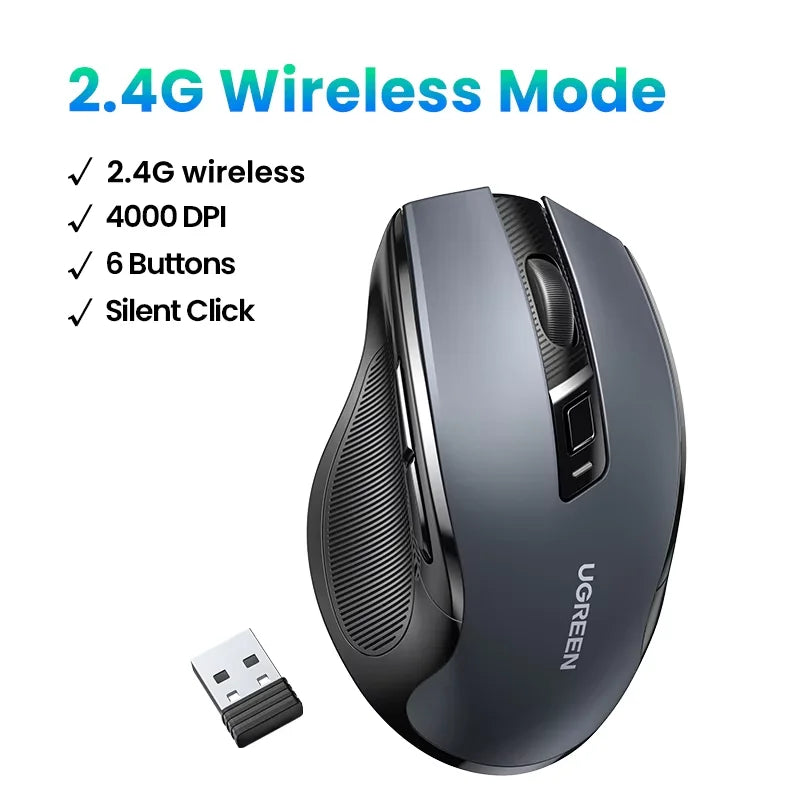 Rato sem fios UGREEN Bluetooth 5.0 ergonómico 4000DPI com 6 botões silenciosos para MacBook, tablet, portáteis, computador e PC, rato 2.4G