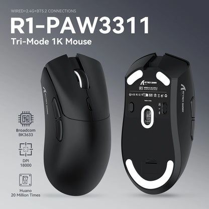 Rato Gaming Tri-Mode ATTACK SHARK R1, Sensor PixArt PAW3311, 18000 DPI, 1000hz, ultraleve de 59g para mãos grandes, para PC/Mac
