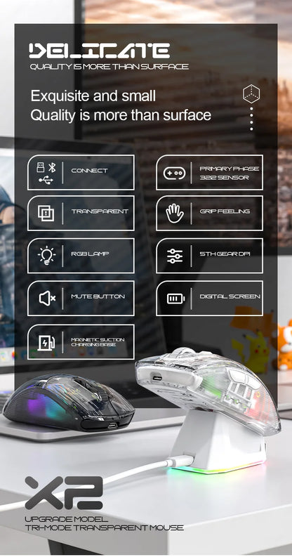 Attack Shark X2PRO Bluetooth Mouse, Tri-Mode, RGB Lights, Magnetic Charging, Transparent, Battery Indicator, Computer Phone