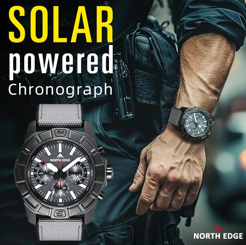 NORTH EDGE 2025 BLAZE Men's Watches Solar Power 316 stainless steel Case Quartz Watch For Men Pilot Waterproof 50M Stopwatch
