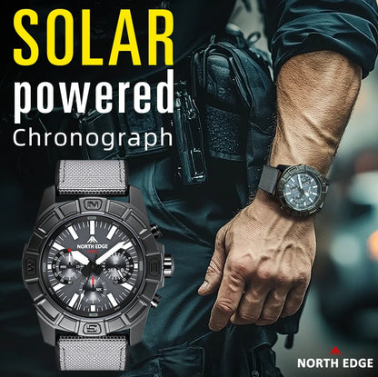 NORTH EDGE 2025 BLAZE Men's Watches Solar Power 316 stainless steel Case Quartz Watch For Men Pilot Waterproof 50M Stopwatch