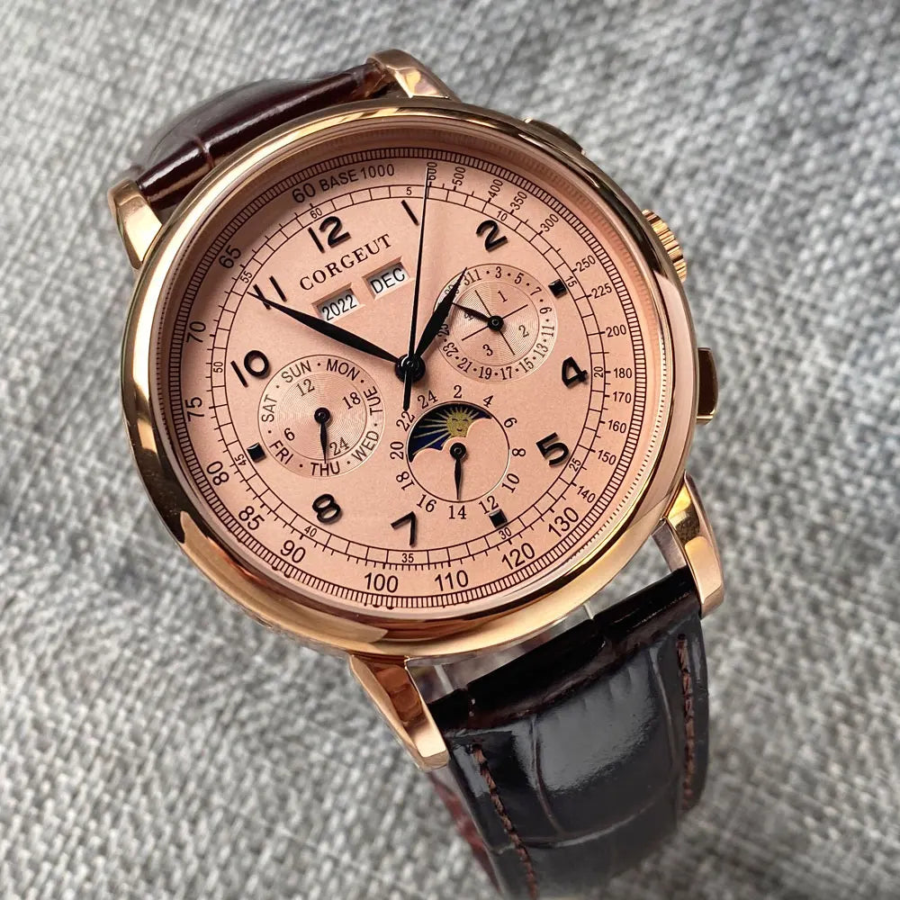 Automatic Watch for Men Multifunction Date Day Month Year 316L Mechanical Men's Watch Polished Case Day/Night Indicator 42mm