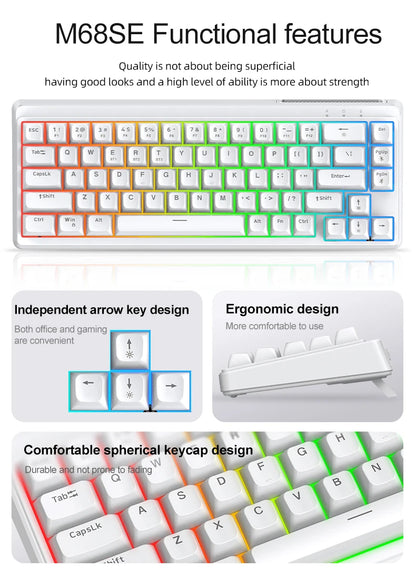 FREEWOLF M68SE Mini-Tastatur mit 68 Tasten, kabelgebunden, RGB-Hintergrundbeleuchtung, Type-C, 68-%-Layout, kompakt, für Gaming, Büro, PC und Laptop